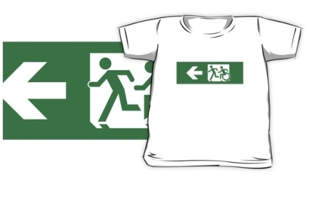 Accessible Means of Egress Icon Exit Sign Wheelchair Wheelie Running Man Symbol by Lee Wilson PWD Disability Emergency Evacuation Kids T-shirt 11