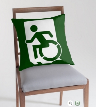 Accessible Means of Egress Icon Exit Sign Wheelchair Wheelie Running Man Symbol by Lee Wilson PWD Disability Emergency Evacuation Throw Pillow Cushion 97