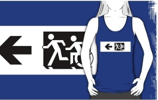 Accessible Means of Egress Icon Exit Sign Wheelchair Wheelie Running Man Symbol by Lee Wilson PWD Disability Emergency Evacuation Adult T-shirt 10