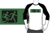 Accessible Means of Egress Icon Exit Sign Wheelchair Wheelie Running Man Symbol by Lee Wilson PWD Disability Emergency Evacuation Adult T-shirt 108