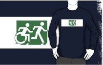 Accessible Means of Egress Icon Exit Sign Wheelchair Wheelie Running Man Symbol by Lee Wilson PWD Disability Emergency Evacuation Adult T-shirt 143
