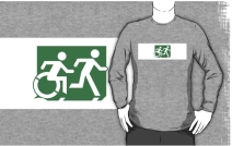 Accessible Means of Egress Icon Exit Sign Wheelchair Wheelie Running Man Symbol by Lee Wilson PWD Disability Emergency Evacuation Adult T-shirt 144