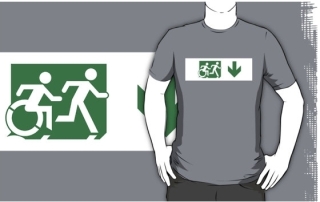 Accessible Means of Egress Icon Exit Sign Wheelchair Wheelie Running Man Symbol by Lee Wilson PWD Disability Emergency Evacuation Adult T-shirt 146