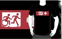 Accessible Means of Egress Icon Exit Sign Wheelchair Wheelie Running Man Symbol by Lee Wilson PWD Disability Emergency Evacuation Adult T-shirt 1