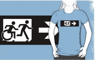 Accessible Means of Egress Icon Exit Sign Wheelchair Wheelie Running Man Symbol by Lee Wilson PWD Disability Emergency Evacuation Adult T-shirt 242