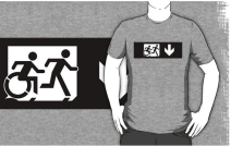 Accessible Means of Egress Icon Exit Sign Wheelchair Wheelie Running Man Symbol by Lee Wilson PWD Disability Emergency Evacuation Adult T-shirt 278