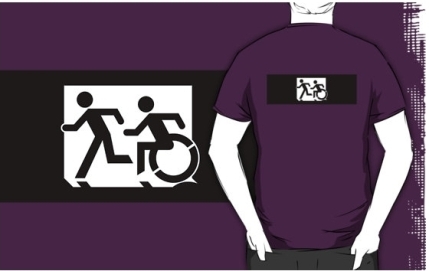 Accessible Means of Egress Icon Exit Sign Wheelchair Wheelie Running Man Symbol by Lee Wilson PWD Disability Emergency Evacuation Adult T-shirt 315