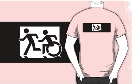 Accessible Means of Egress Icon Exit Sign Wheelchair Wheelie Running Man Symbol by Lee Wilson PWD Disability Emergency Evacuation Adult T-shirt 318