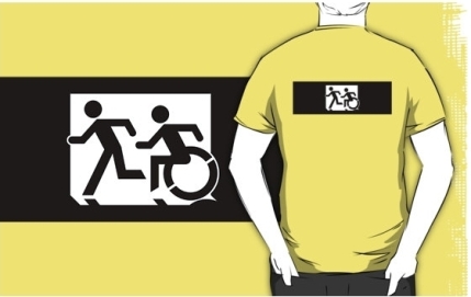 Accessible Means of Egress Icon Exit Sign Wheelchair Wheelie Running Man Symbol by Lee Wilson PWD Disability Emergency Evacuation Adult T-shirt 321