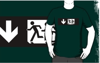 Accessible Means of Egress Icon Exit Sign Wheelchair Wheelie Running Man Symbol by Lee Wilson PWD Disability Emergency Evacuation Adult T-shirt 324