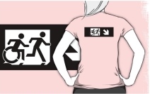 Accessible Means of Egress Icon Exit Sign Wheelchair Wheelie Running Man Symbol by Lee Wilson PWD Disability Emergency Evacuation Adult T-shirt 374