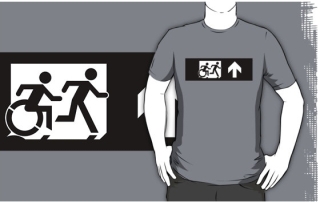 Accessible Means of Egress Icon Exit Sign Wheelchair Wheelie Running Man Symbol by Lee Wilson PWD Disability Emergency Evacuation Adult T-shirt 392