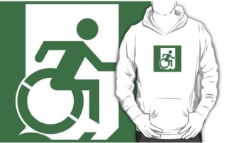 Accessible Means of Egress Icon Exit Sign Wheelchair Wheelie Running Man Symbol by Lee Wilson PWD Disability Emergency Evacuation Adult T-shirt 413