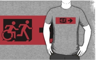 Accessible Means of Egress Icon Exit Sign Wheelchair Wheelie Running Man Symbol by Lee Wilson PWD Disability Emergency Evacuation Adult T-shirt 440