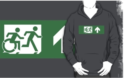 Accessible Means of Egress Icon Exit Sign Wheelchair Wheelie Running Man Symbol by Lee Wilson PWD Disability Emergency Evacuation Adult T-shirt 466