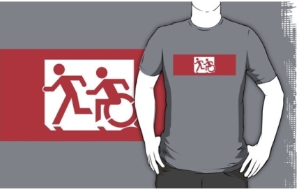 Accessible Means of Egress Icon Exit Sign Wheelchair Wheelie Running Man Symbol by Lee Wilson PWD Disability Emergency Evacuation Adult T-shirt 474