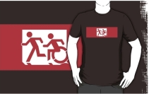 Accessible Means of Egress Icon Exit Sign Wheelchair Wheelie Running Man Symbol by Lee Wilson PWD Disability Emergency Evacuation Adult T-shirt 49