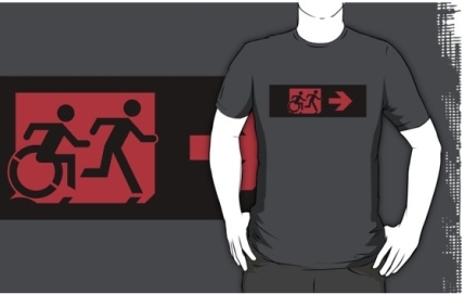 Accessible Means of Egress Icon Exit Sign Wheelchair Wheelie Running Man Symbol by Lee Wilson PWD Disability Emergency Evacuation Adult T-shirt 552