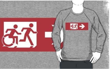 Accessible Means of Egress Icon Exit Sign Wheelchair Wheelie Running Man Symbol by Lee Wilson PWD Disability Emergency Evacuation Adult T-shirt 556