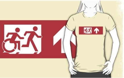 Accessible Means of Egress Icon Exit Sign Wheelchair Wheelie Running Man Symbol by Lee Wilson PWD Disability Emergency Evacuation Adult T-shirt 559