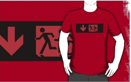 Accessible Means of Egress Icon Exit Sign Wheelchair Wheelie Running Man Symbol by Lee Wilson PWD Disability Emergency Evacuation Adult T-shirt 575