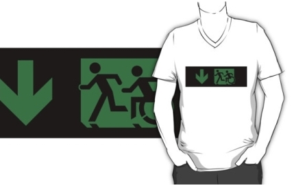 Accessible Means of Egress Icon Exit Sign Wheelchair Wheelie Running Man Symbol by Lee Wilson PWD Disability Emergency Evacuation Adult T-shirt 645