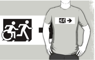 Accessible Means of Egress Icon Exit Sign Wheelchair Wheelie Running Man Symbol by Lee Wilson PWD Disability Emergency Evacuation Adult T-shirt 75