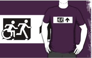 Accessible Means of Egress Icon Exit Sign Wheelchair Wheelie Running Man Symbol by Lee Wilson PWD Disability Emergency Evacuation Adult T-shirt 79