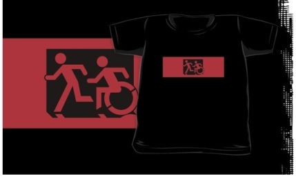Accessible Means of Egress Icon Exit Sign Wheelchair Wheelie Running Man Symbol by Lee Wilson PWD Disability Emergency Evacuation Kids T-shirt 102