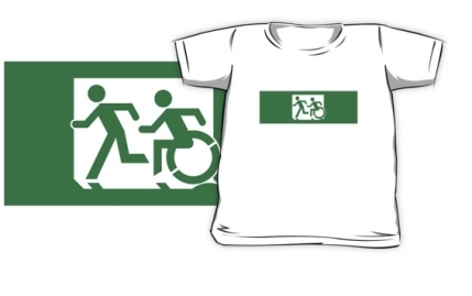 Accessible Means of Egress Icon Exit Sign Wheelchair Wheelie Running Man Symbol by Lee Wilson PWD Disability Emergency Evacuation Kids T-shirt 103