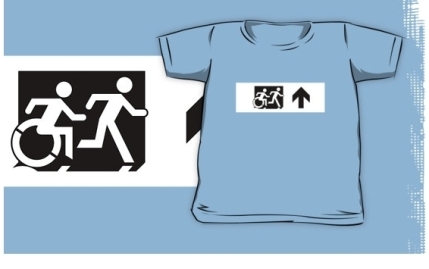 Accessible Means of Egress Icon Exit Sign Wheelchair Wheelie Running Man Symbol by Lee Wilson PWD Disability Emergency Evacuation Kids T-shirt 135