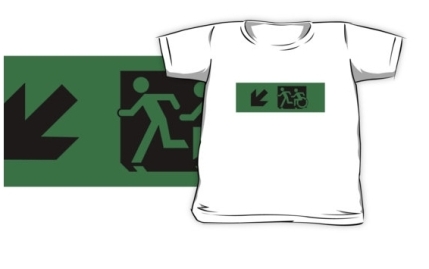 Accessible Means of Egress Icon Exit Sign Wheelchair Wheelie Running Man Symbol by Lee Wilson PWD Disability Emergency Evacuation Kids T-shirt 145