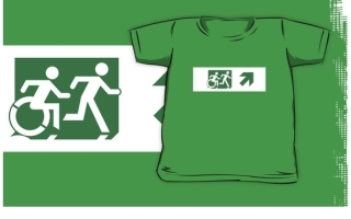 Accessible Means of Egress Icon Exit Sign Wheelchair Wheelie Running Man Symbol by Lee Wilson PWD Disability Emergency Evacuation Kids T-shirt 187