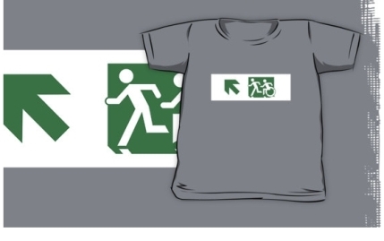 Accessible Means of Egress Icon Exit Sign Wheelchair Wheelie Running Man Symbol by Lee Wilson PWD Disability Emergency Evacuation Kids T-shirt 222