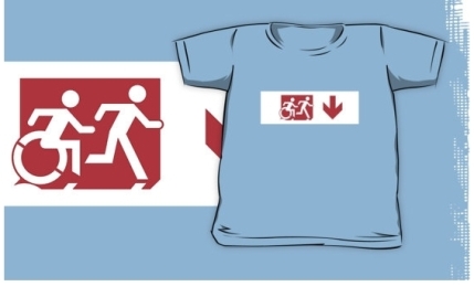 Accessible Means of Egress Icon Exit Sign Wheelchair Wheelie Running Man Symbol by Lee Wilson PWD Disability Emergency Evacuation Kids T-shirt 252