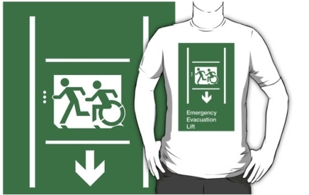 Accessible Means of Egress Icon Exit Sign Wheelchair Wheelie Running Man Symbol by Lee Wilson PWD Disability Emergency Evacuation Lift Elevator Adult T-shirt 3