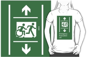 Accessible Means of Egress Icon Exit Sign Wheelchair Wheelie Running Man Symbol by Lee Wilson PWD Disability Emergency Evacuation Lift Elevator Adult T-shirt 5