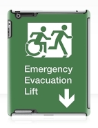 Accessible Means of Egress Icon Exit Sign Wheelchair Wheelie Running Man Symbol by Lee Wilson PWD Disability Emergency Evacuation Lift Elevator iPad Case 10