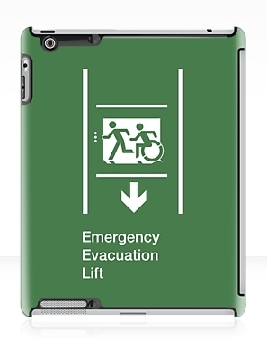 Accessible Means of Egress Icon Exit Sign Wheelchair Wheelie Running Man Symbol by Lee Wilson PWD Disability Emergency Evacuation Lift Elevator iPad Case 11