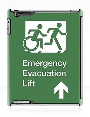 Accessible Means of Egress Icon Exit Sign Wheelchair Wheelie Running Man Symbol by Lee Wilson PWD Disability Emergency Evacuation Lift Elevator iPad Case 12