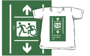 Accessible Means of Egress Icon Exit Sign Wheelchair Wheelie Running Man Symbol by Lee Wilson PWD Disability Emergency Evacuation Lift Elevator Kids T-shirt 11