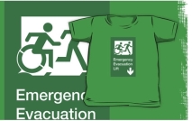 Accessible Means of Egress Icon Exit Sign Wheelchair Wheelie Running Man Symbol by Lee Wilson PWD Disability Emergency Evacuation Lift Elevator Kids T-shirt 12
