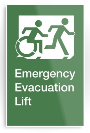 Accessible Means of Egress Icon Exit Sign Wheelchair Wheelie Running Man Symbol by Lee Wilson PWD Disability Emergency Evacuation Lift Elevator Metal Printed 7