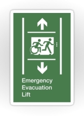 Accessible Means of Egress Icon Exit Sign Wheelchair Wheelie Running Man Symbol by Lee Wilson PWD Disability Emergency Evacuation Lift Elevator Sticker 2