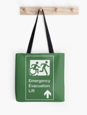 Accessible Means of Egress Icon Exit Sign Wheelchair Wheelie Running Man Symbol by Lee Wilson PWD Disability Emergency Evacuation Lift Elevator Tote Bag 12
