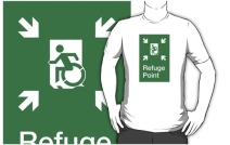 Accessible Means of Egress Icon Exit Sign Wheelchair Wheelie Running Man Symbol by Lee Wilson PWD Disability Emergency Evacuation Refuge Area Adult t-shirt 2