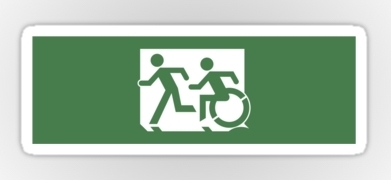 Accessible Means of Egress Icon Exit Sign Wheelchair Wheelie Running Man Symbol by Lee Wilson PWD Disability Emergency Evacuation Sticker 128