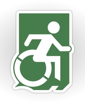 Accessible Means of Egress Icon Exit Sign Wheelchair Wheelie Running Man Symbol by Lee Wilson PWD Disability Emergency Evacuation Sticker 3
