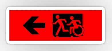 Accessible Means of Egress Icon Exit Sign Wheelchair Wheelie Running Man Symbol by Lee Wilson PWD Disability Emergency Evacuation Sticker 40