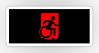Accessible Means of Egress Icon Exit Sign Wheelchair Wheelie Running Man Symbol by Lee Wilson PWD Disability Emergency Evacuation Sticker 80